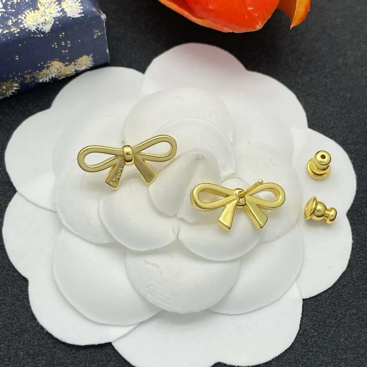 Dior Bow Gold-Tone Engraved Logo Earrings 4