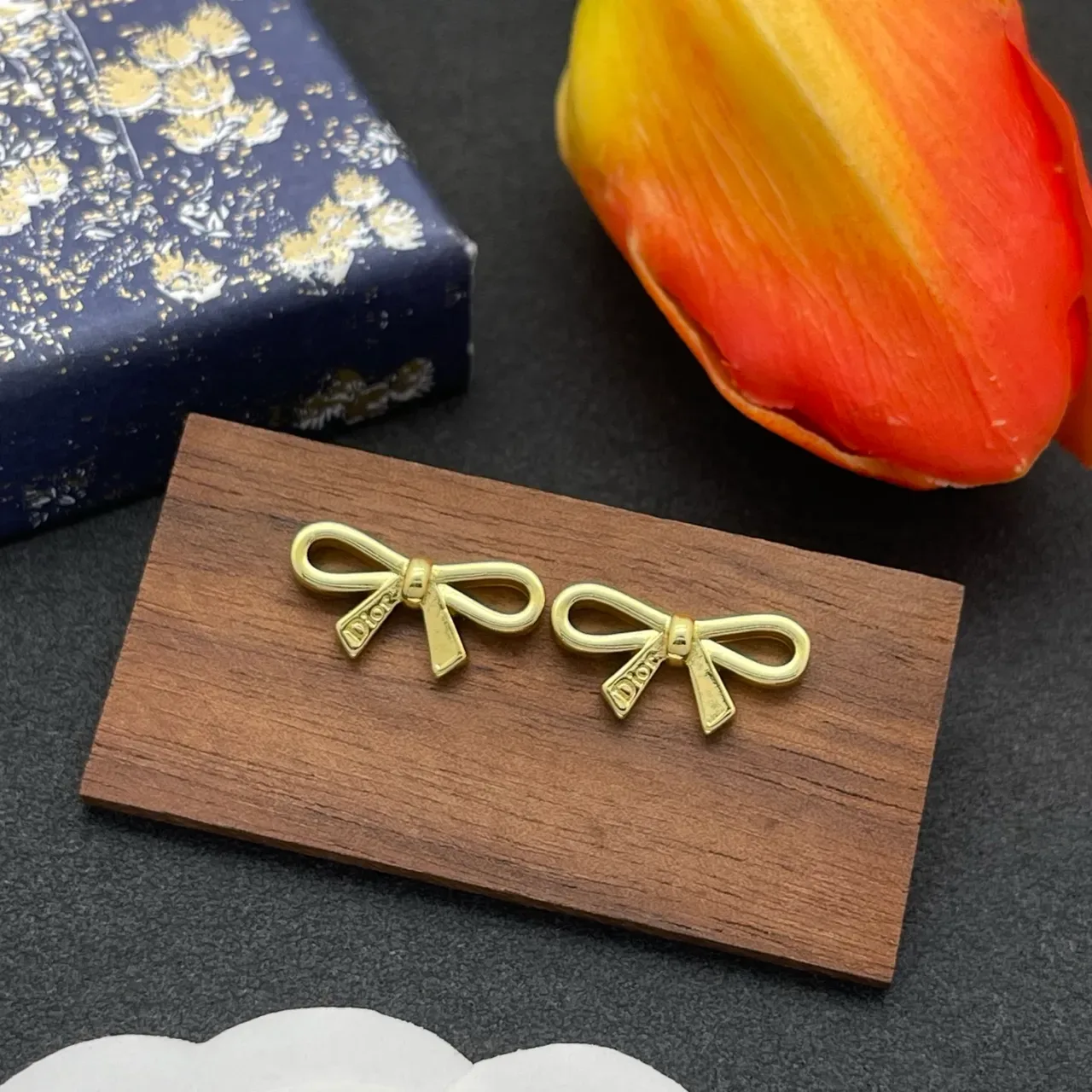 Dior Bow Gold-Tone Engraved Logo Earrings 6