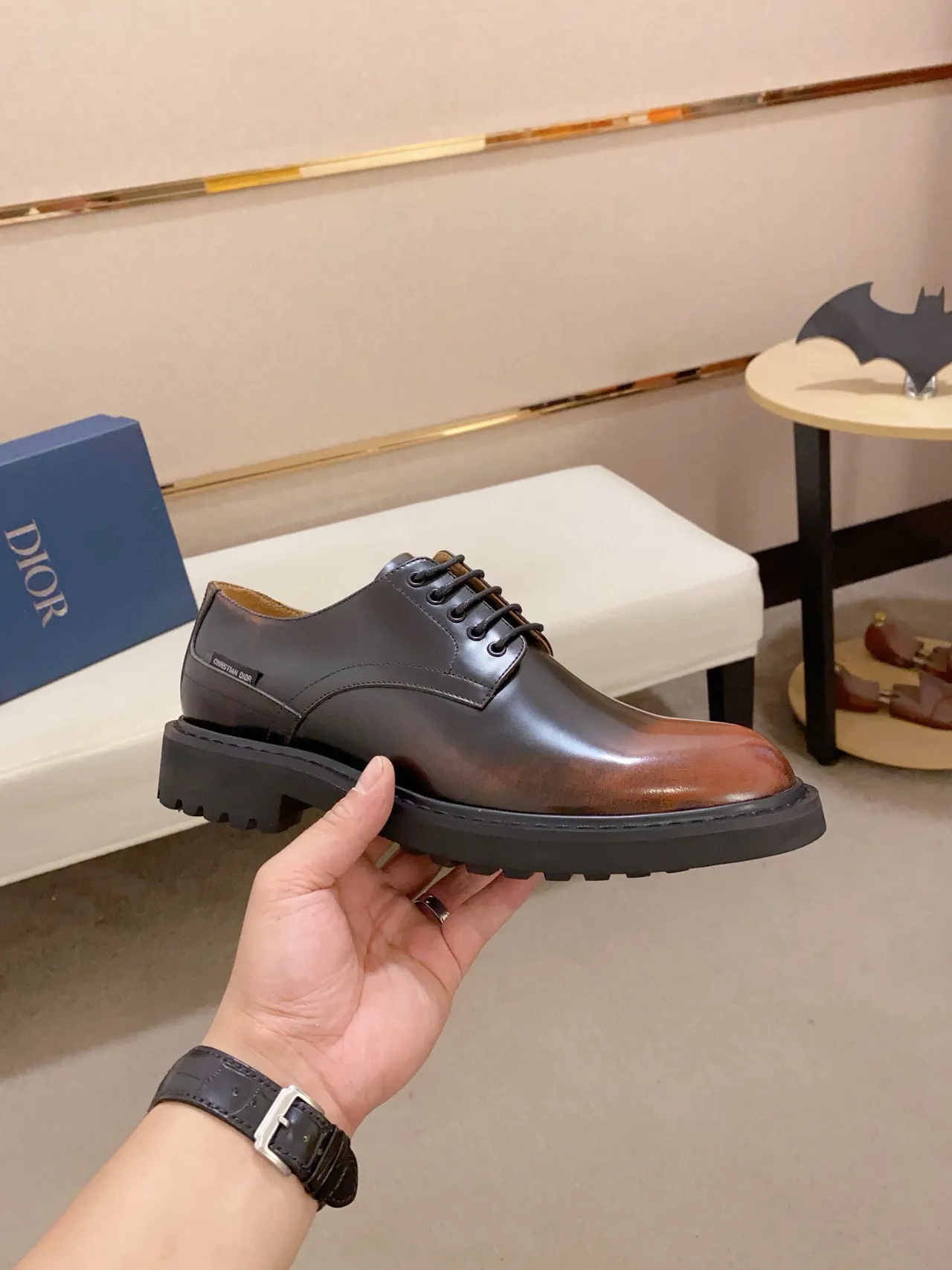 Dior بني أسود ثنائي اللون جلد مصقول سميك لوغ أوكسفورد أحذية 4