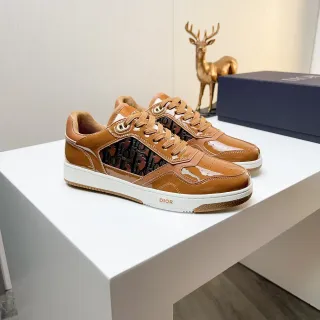 Dior Brown White Patent Leather Monogram Panel Sneakers