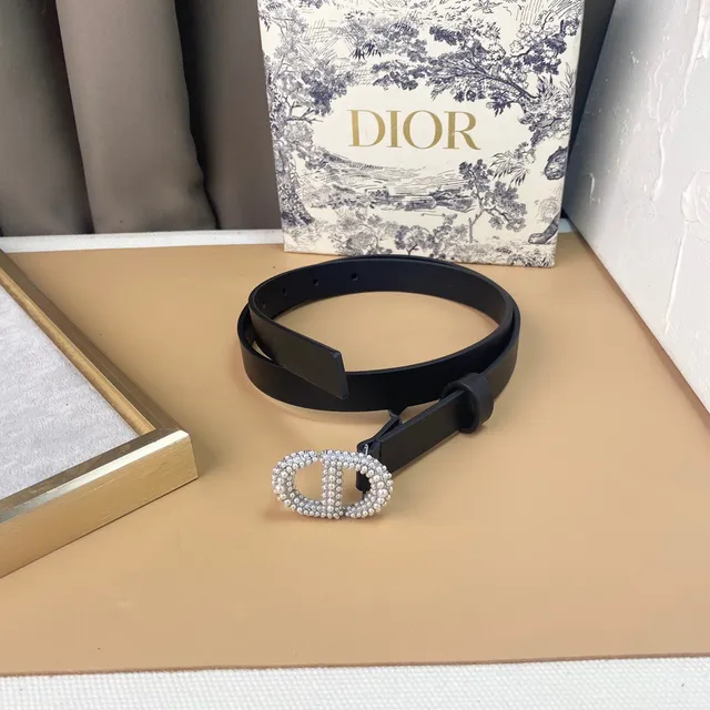 Dior CD Belt Negro Plata Cristal-embellecido Perla Hebilla Cinturón de cuero 2