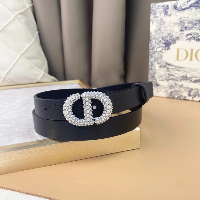 Dior CD Belt Negro Plata Cristal-embellecido Perla Hebilla Cinturón de cuero 4