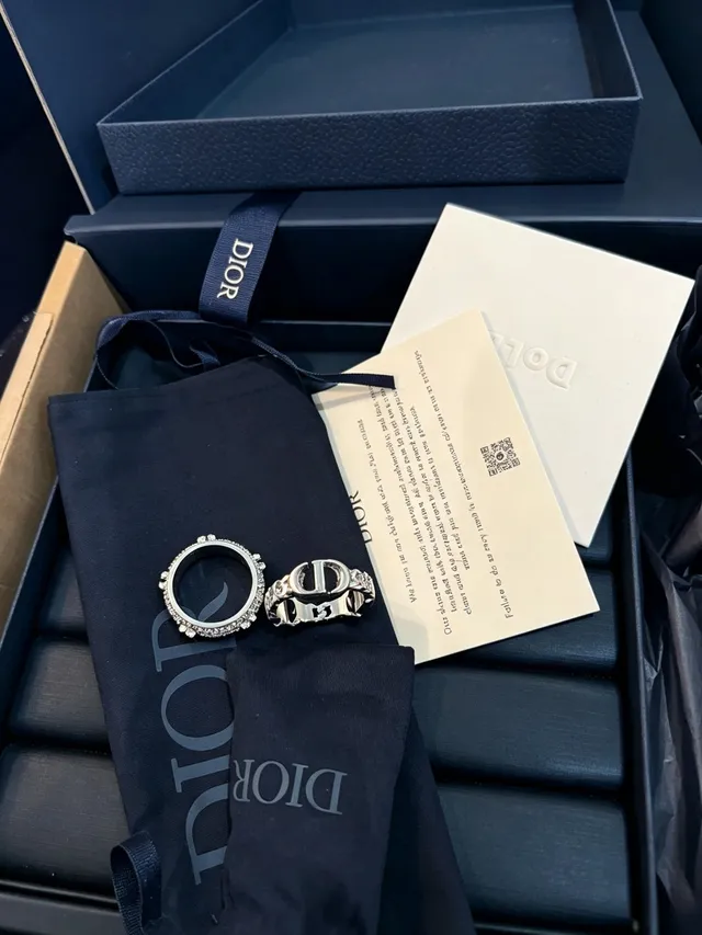 Dior CD Logo Ring Silver Navy Interlocking Pavé Crystal Band Ring 5