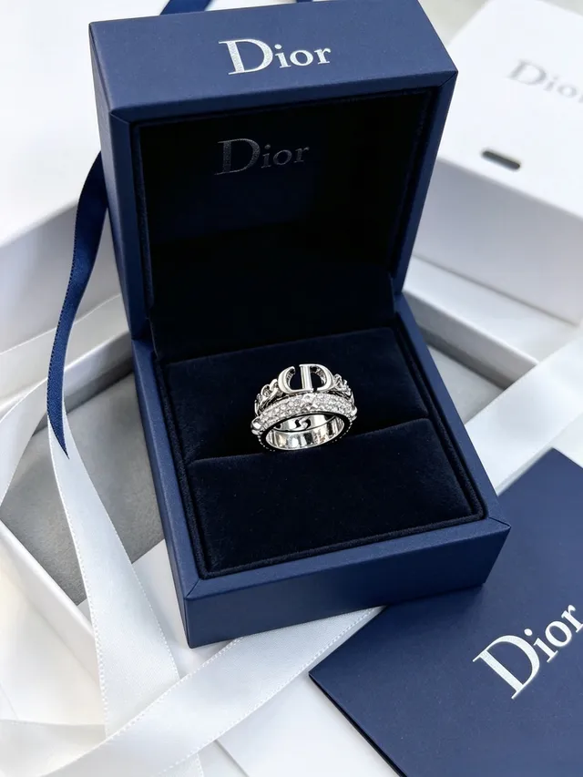 Dior CD Logo Ring Silver Navy Interlocking Pavé Crystal Band Ring 6