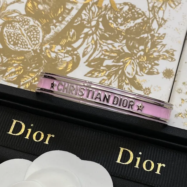 Dior Engraved Star Pink Enamel Cuff Bracelet 3