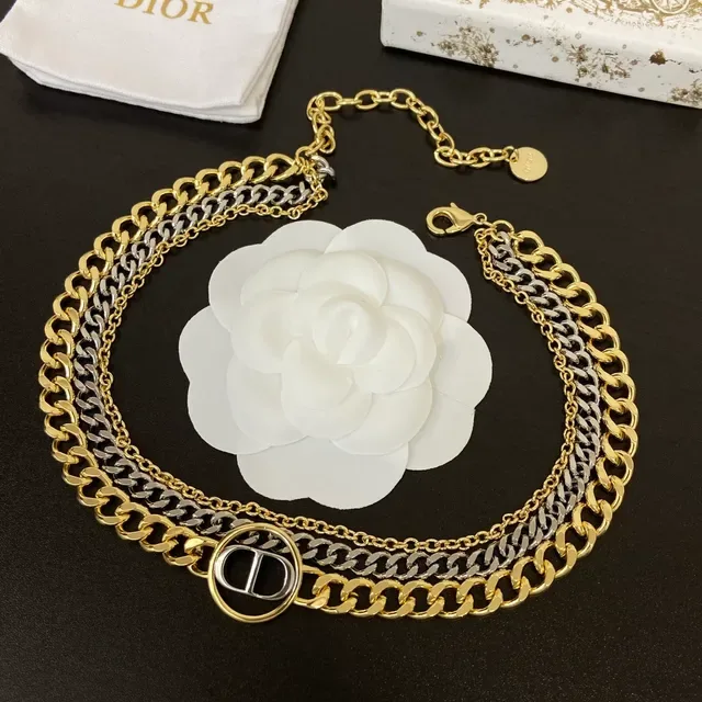 Dior قلادة ذهبي فضي سلاسل مزدوجة طبقة لوجو ميداليون 3