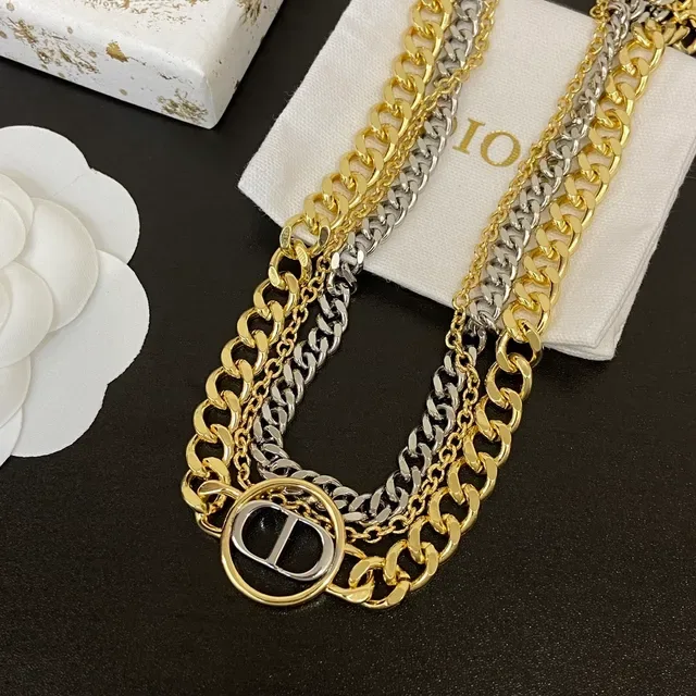 Dior قلادة ذهبي فضي سلاسل مزدوجة طبقة لوجو ميداليون 6