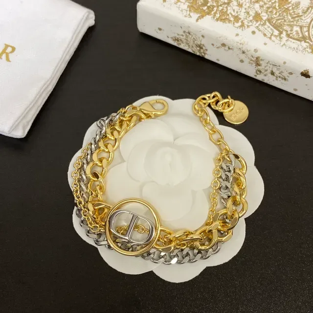 Dior قلادة ذهبي فضي سلاسل مزدوجة طبقة لوجو ميداليون 7