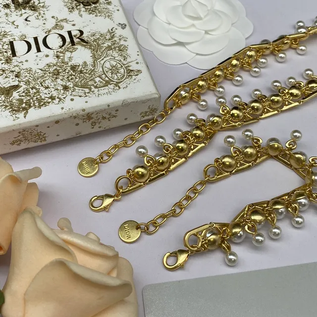 Dior Gold White Multi-Tiered Pearl Fringe Chain-Link Necklace 2