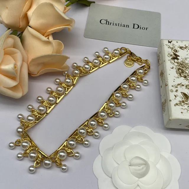 Dior Gold White Multi-Tiered Pearl Fringe Chain-Link Necklace 5