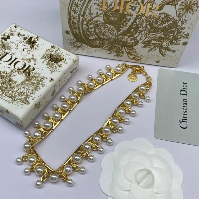 Dior Gold White Multi-Tiered Pearl Fringe Chain-Link Necklace 6
