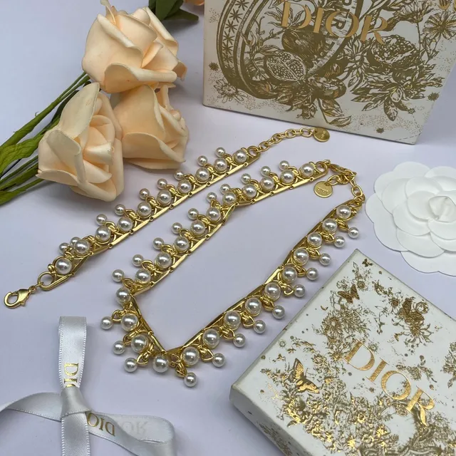 Dior Gold White Multi-Tiered Pearl Fringe Chain-Link Necklace 7