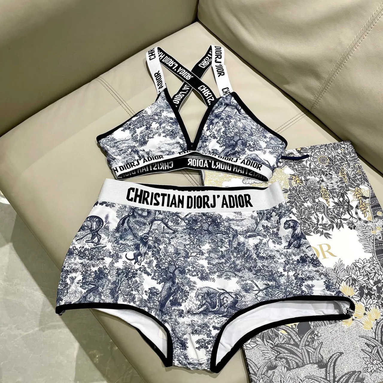 Dior J'Adior Blanc Marine Toile De Jouy Print Bretelles Croisées Dos Sous-vêtements 2