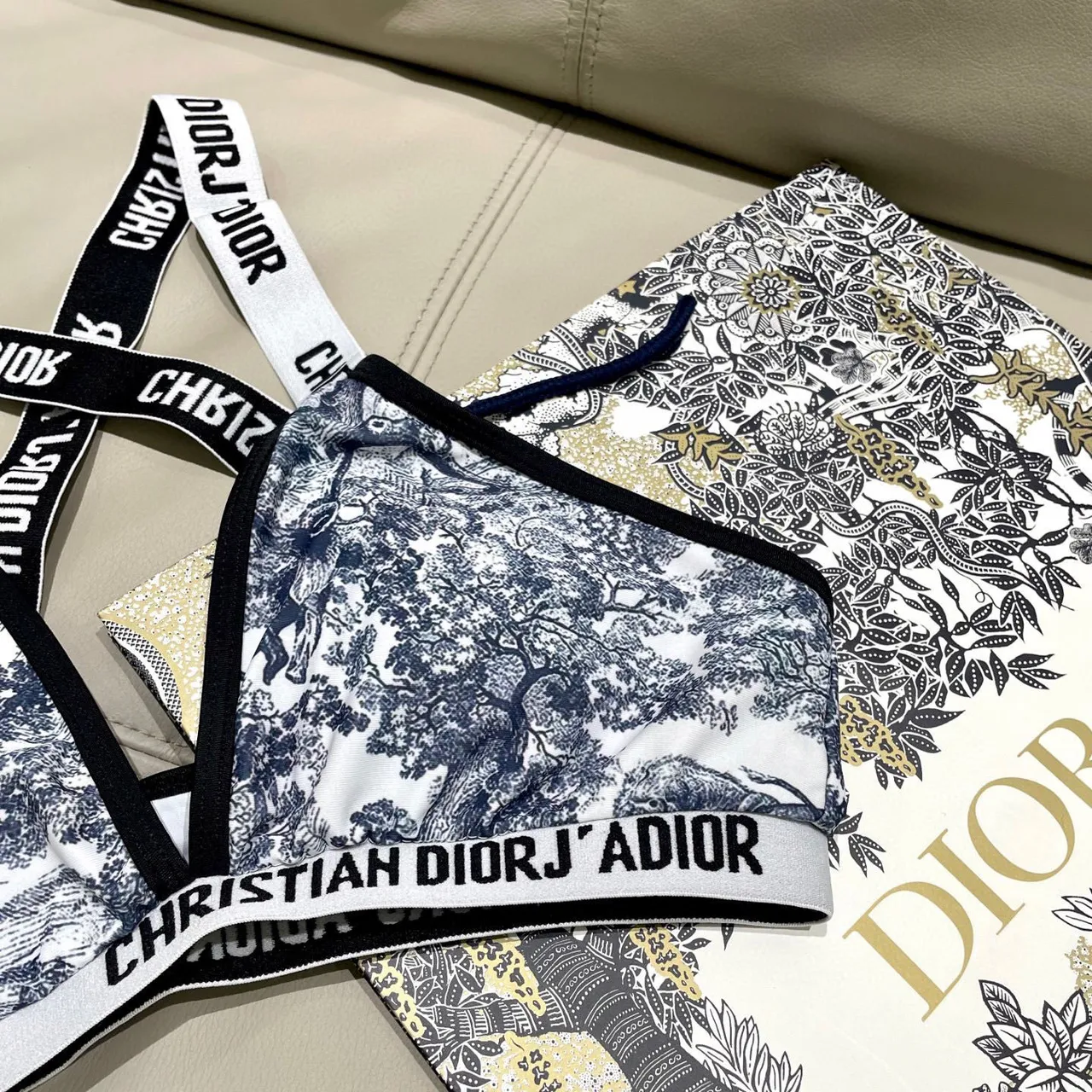 Dior J'Adior Blanc Marine Toile De Jouy Print Bretelles Croisées Dos Sous-vêtements 3