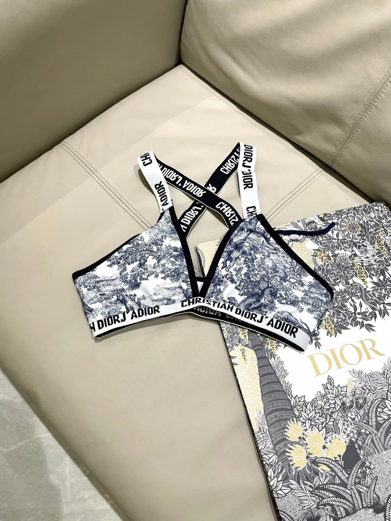 Dior J'Adior Blanc Marine Toile De Jouy Print Bretelles Croisées Dos Sous-vêtements 4