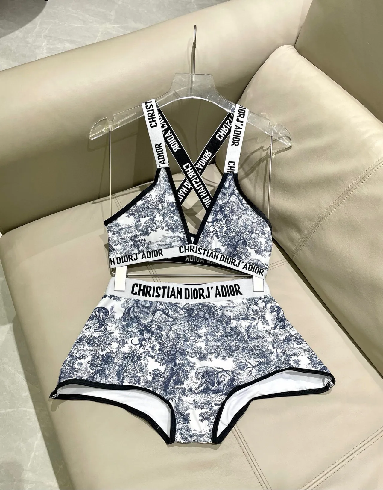 Dior J'Adior Blanc Marine Toile De Jouy Print Bretelles Croisées Dos Sous-vêtements 5