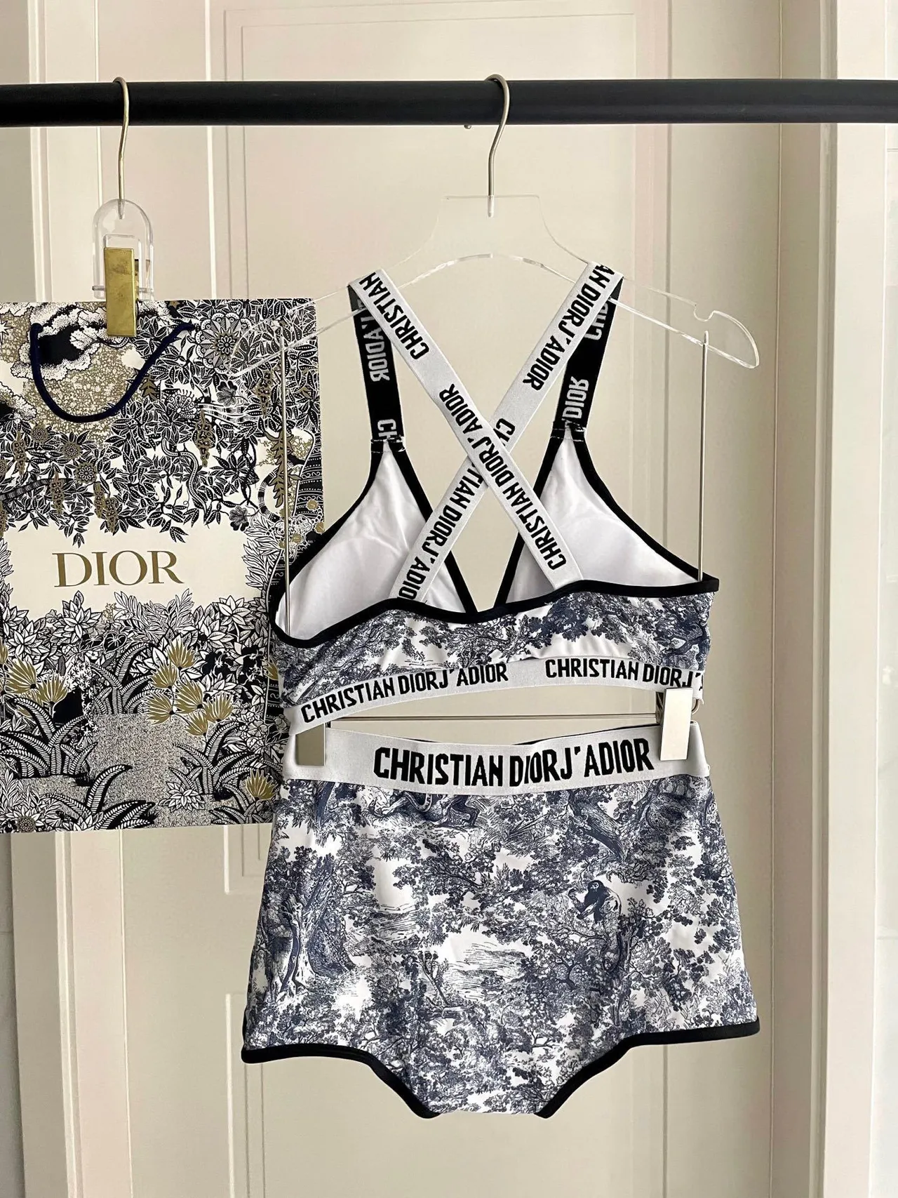 Dior J'Adior Blanc Marine Toile De Jouy Print Bretelles Croisées Dos Sous-vêtements 7