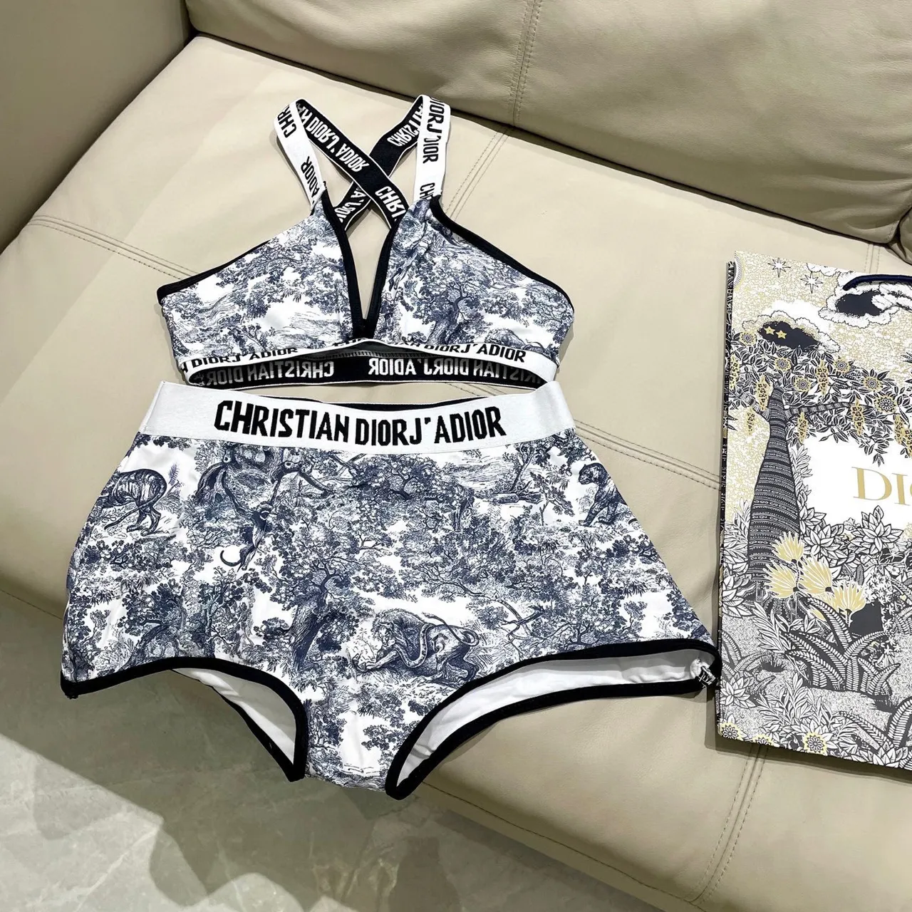 Dior J'Adior Blanc Marine Toile De Jouy Print Bretelles Croisées Dos Sous-vêtements 10
