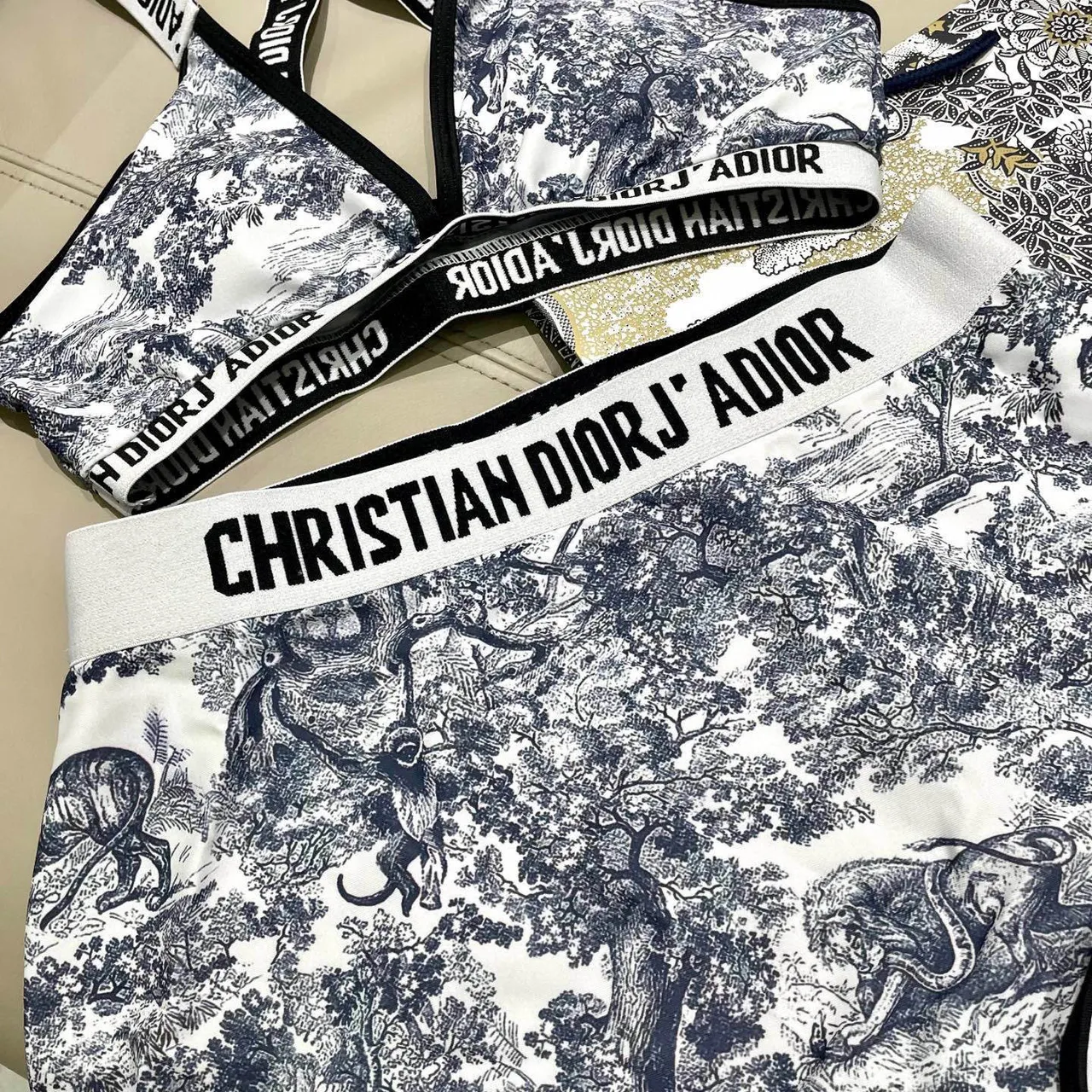 Dior J'Adior Blanc Marine Toile De Jouy Print Bretelles Croisées Dos Sous-vêtements 13