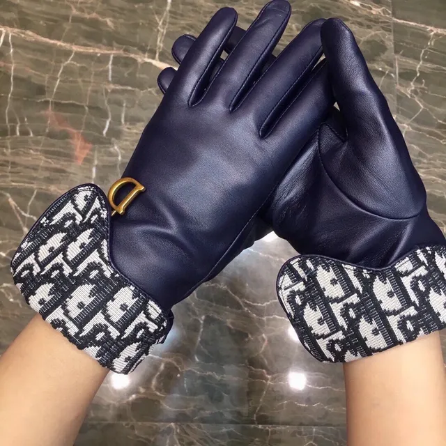 Dior Negro Marino Palma Suave Monogram Oblíquo Puño de Punto Guantes de Cuero 2