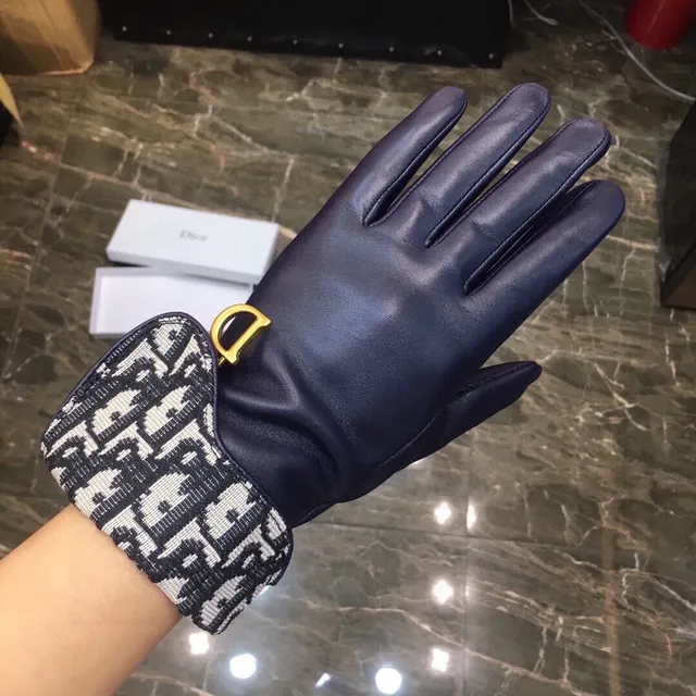 Dior Negro Marino Palma Suave Monogram Oblíquo Puño de Punto Guantes de Cuero 9