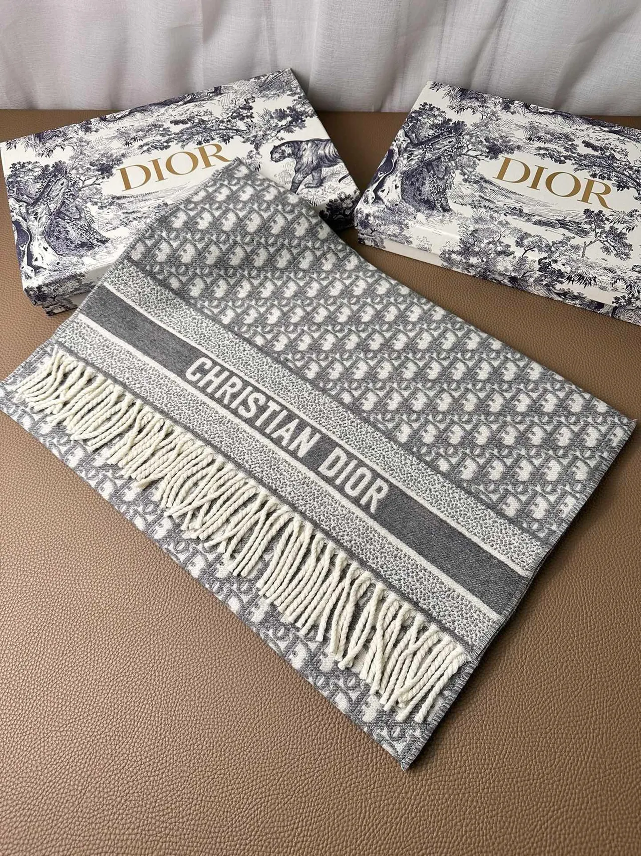 Dior Oblique Monogram Gray and Ivory Cashmere Scarf 6