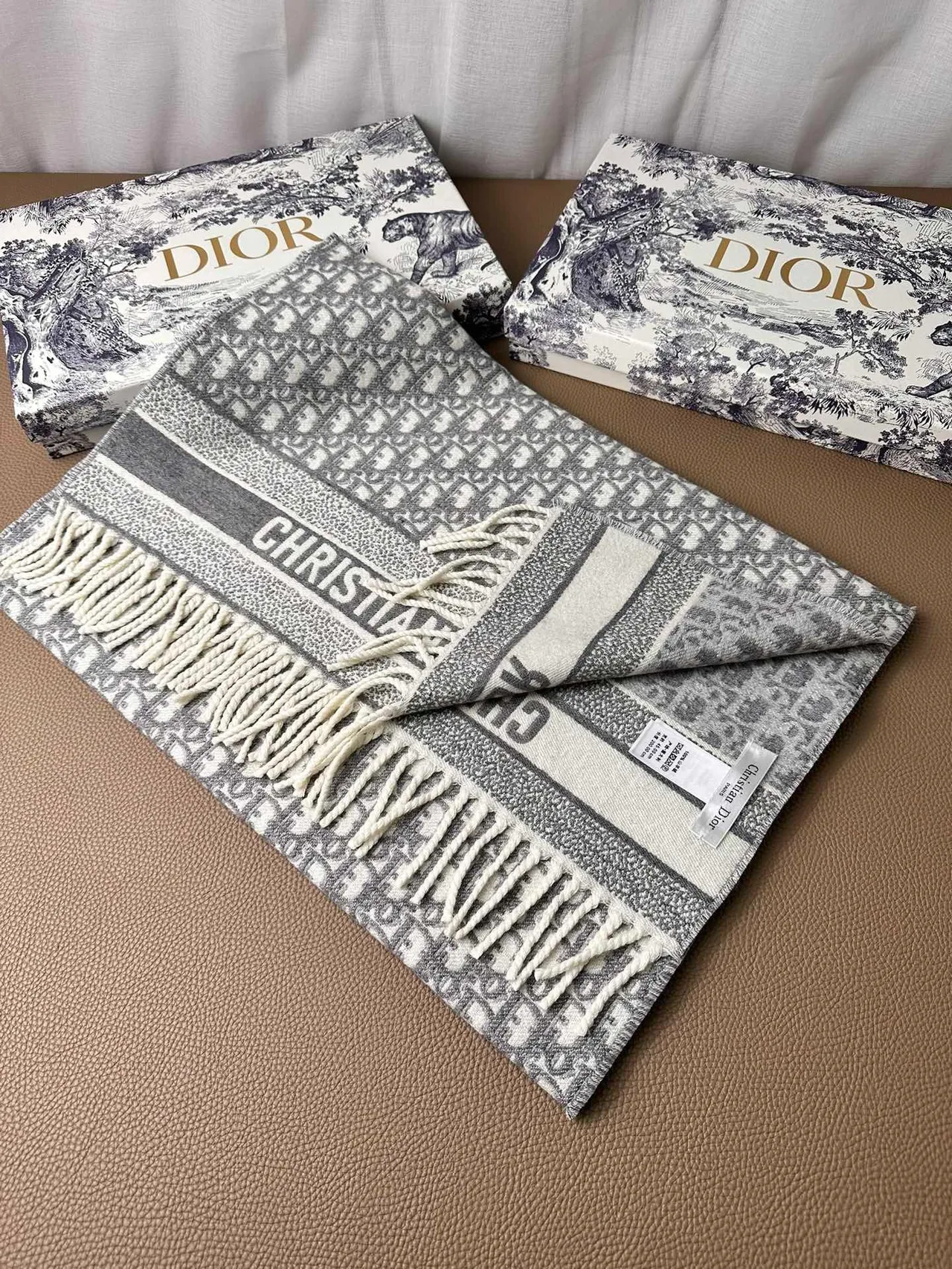 Dior Oblique Monogram Gray and Ivory Cashmere Scarf 7