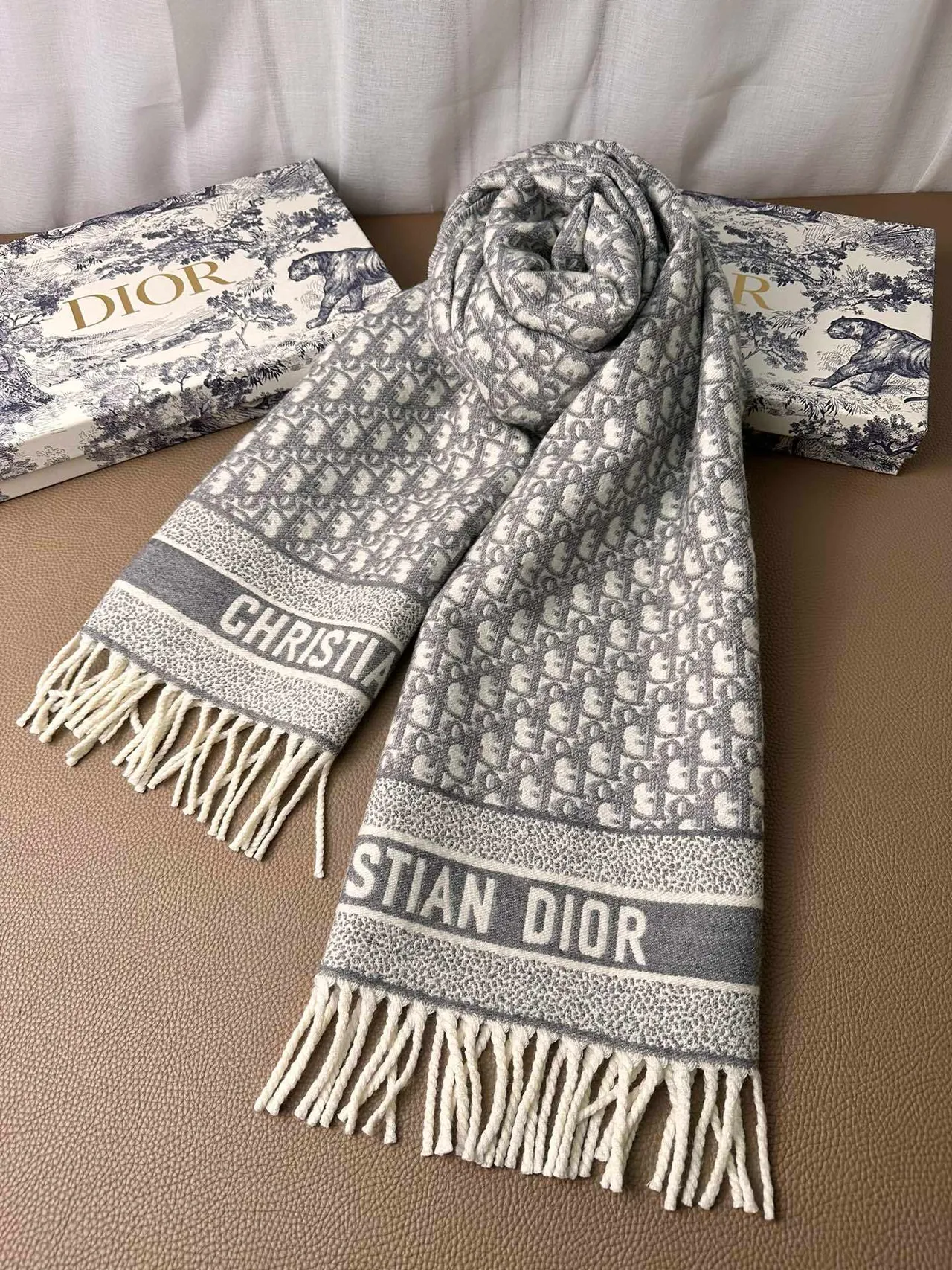 Dior Oblique Monogram Gray and Ivory Cashmere Scarf 9