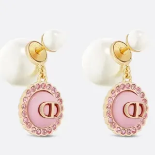 Dior أقراط ذهب وردي لؤلؤ ظهر عمود مينا قرص