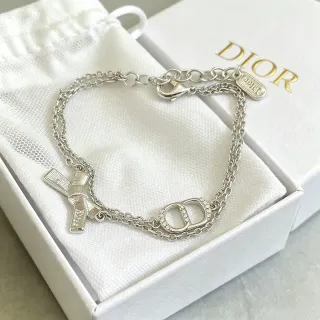 Dior Argent Blanc Chaîne Double Cristal Embellished Logo CD Bracelet