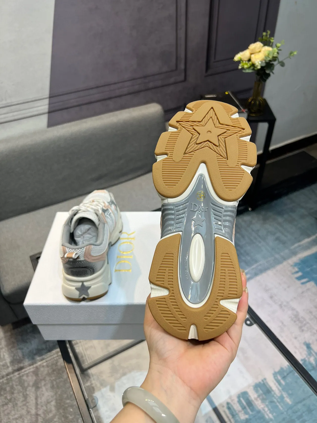 Dior White Beige Layered Mesh And Synthetic Construction Sculpted Side Logo Chunky Sneakers 5