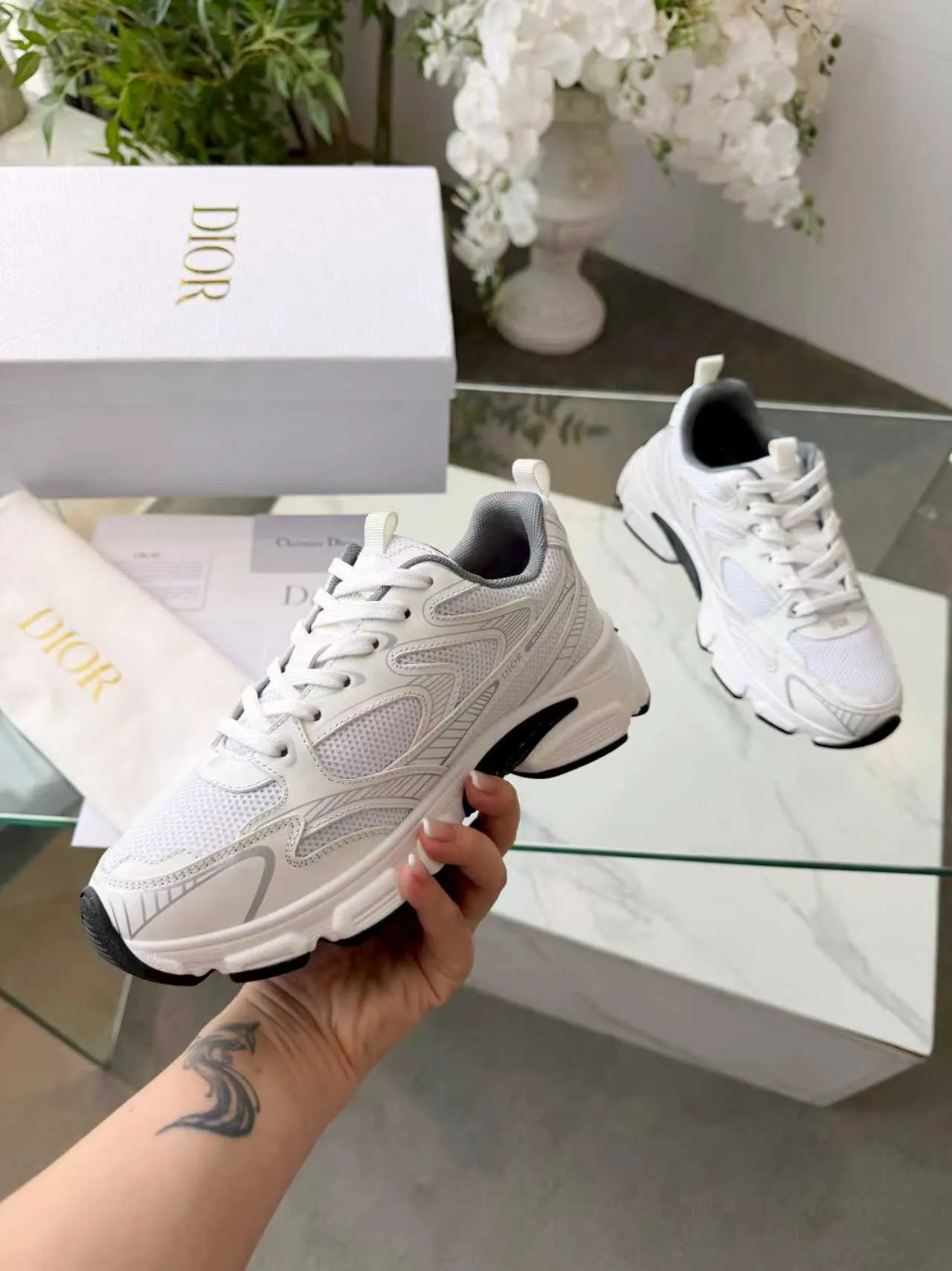 Dior White Gray Mesh And Synthetic Overlay Sculpted Sole Chunky Sneakers 5