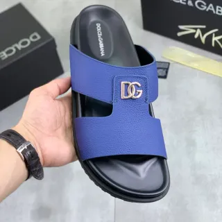 Dolce & Gabbana Portofino Bleu cuir grainé DG Logo chaussons