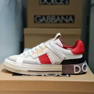 Dolce & Gabbana Portofino Branco Vermelho Solado intermediário multicamadas Detalhe de alça lateral Tênis lifestyle