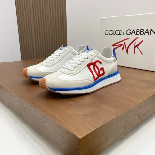 Dolce & Gabbana Beige Red Off-White Suede And Leather Upper Embroidered DG Logo Sneakers