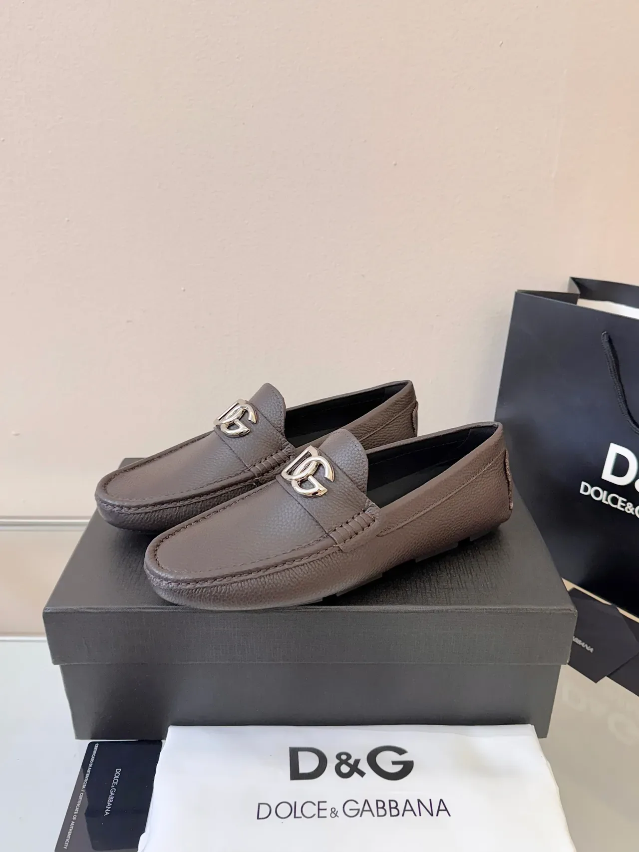 Dolce & Gabbana 棕色银色压纹皮革金属 DG 扣 乐福鞋 2