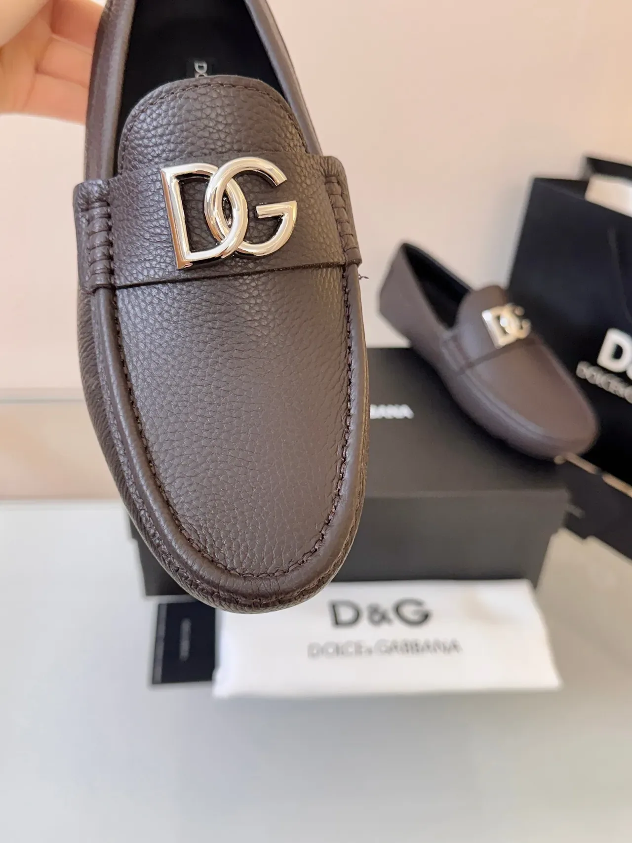 Dolce & Gabbana 棕色银色压纹皮革金属 DG 扣 乐福鞋 3