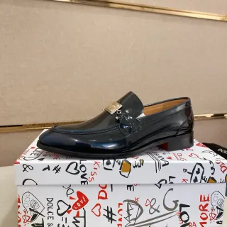 Dolce & Gabbana Navy Gold Patent Leather Metal Horsebit Ornament Loafer