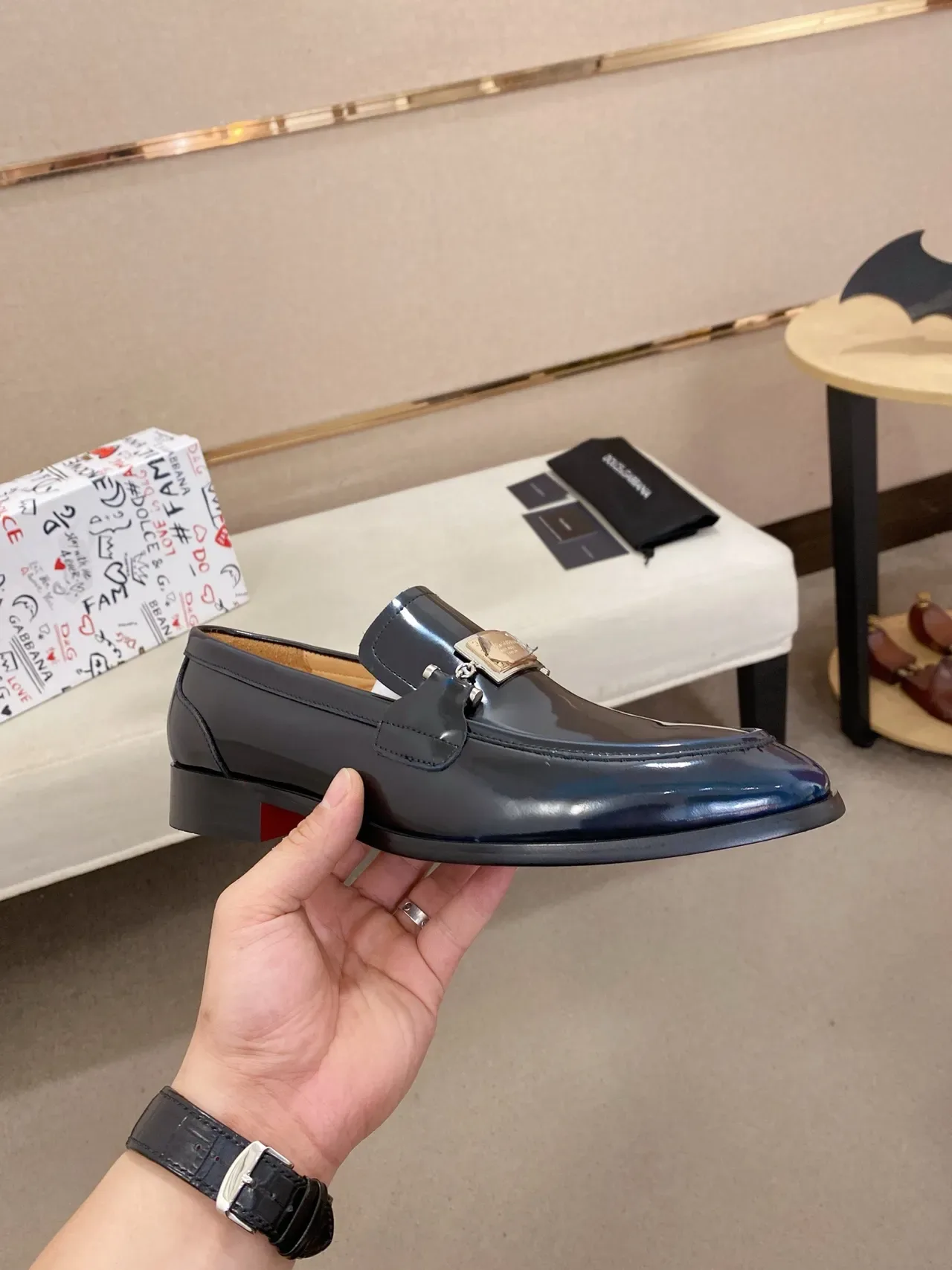 Dolce & Gabbana Navy Gold Patent Leather Metal Horsebit Ornament Loafer 4