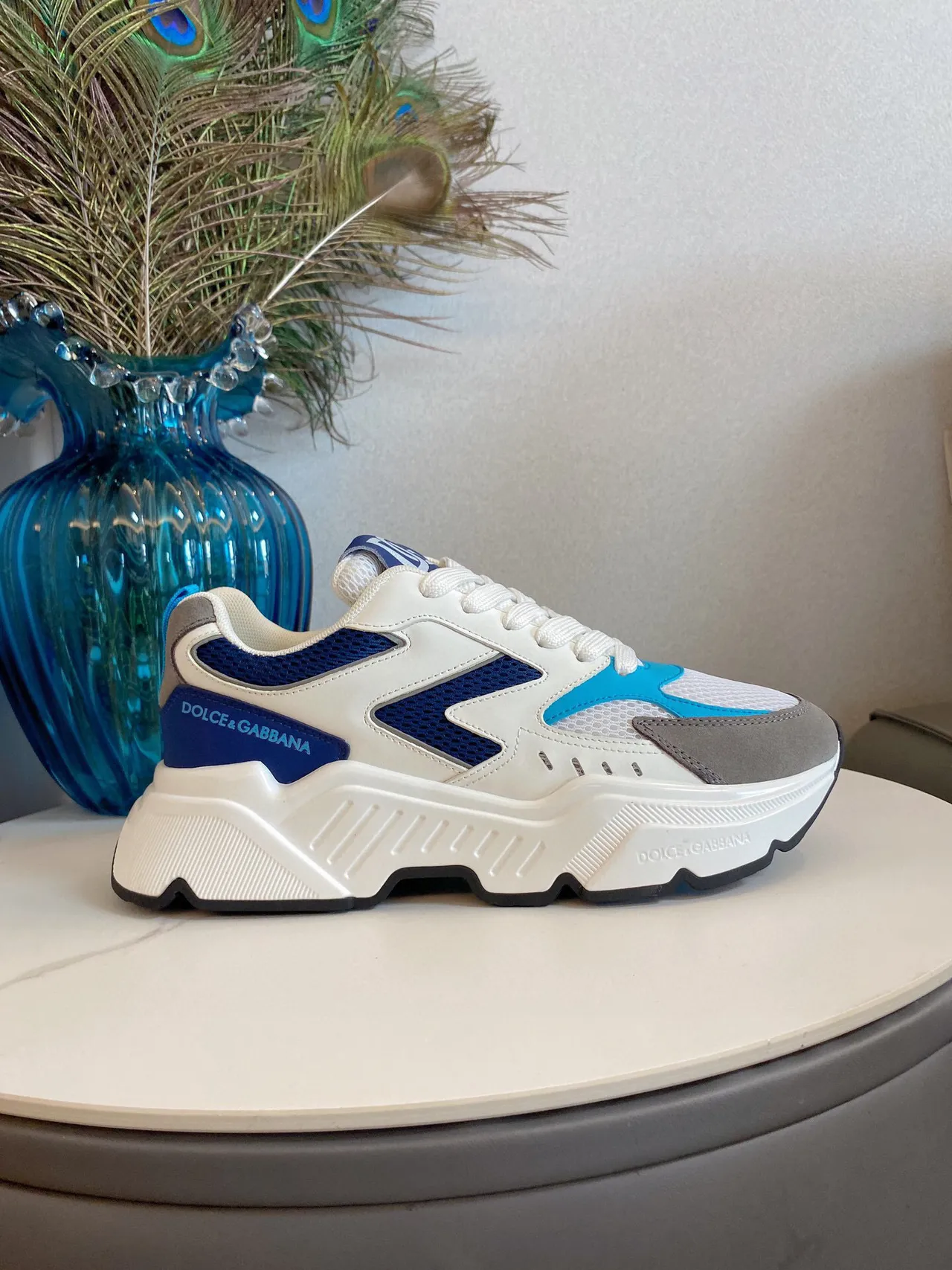 Dolce & Gabbana NS1 White Blue Platform Sole Mesh And Synthetic Paneling Chunky Sneakers 2
