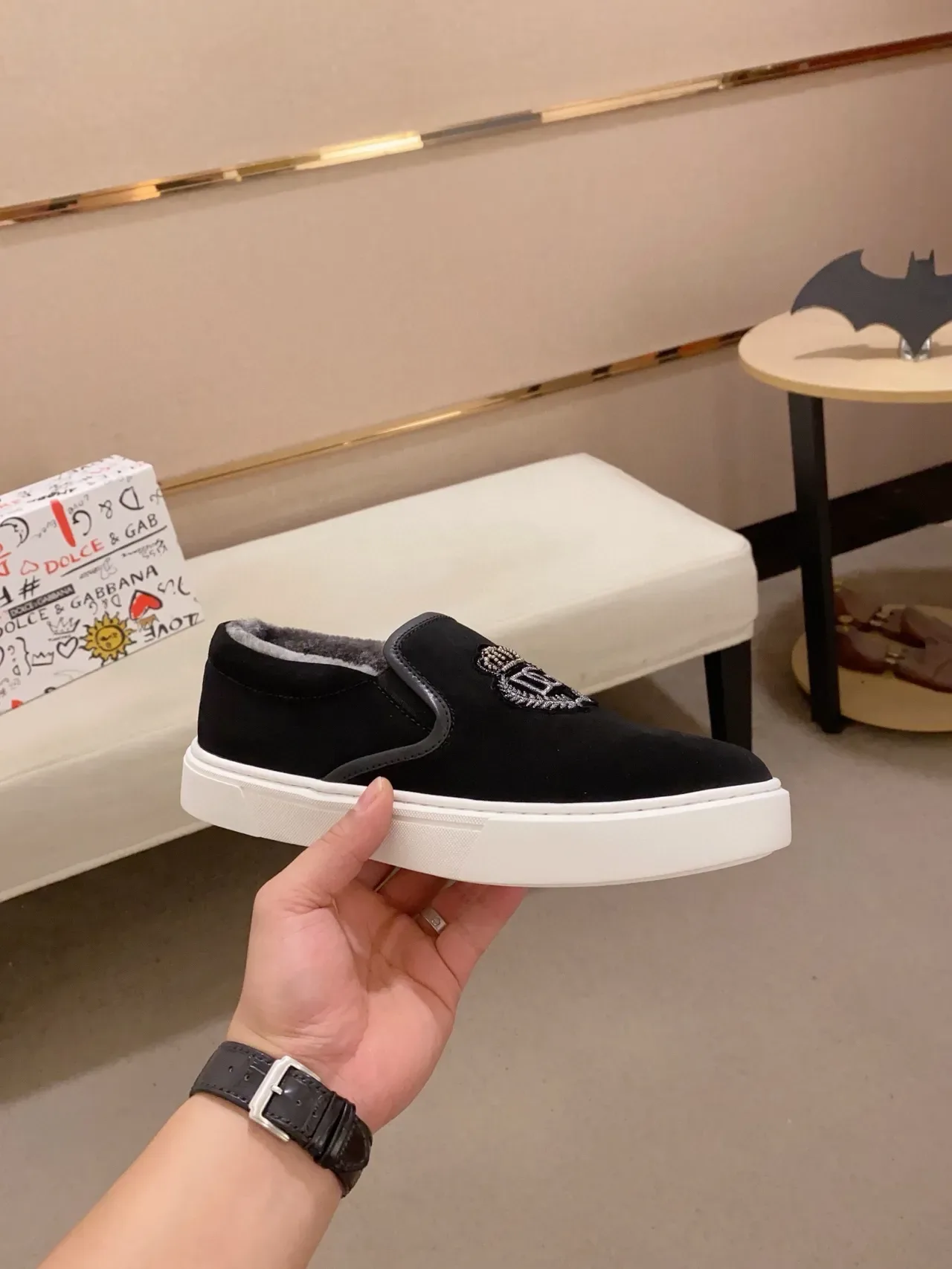 Dolce & Gabbana Portofino Black White Slip-On Suede Upper Lifestyle Sneakers 4