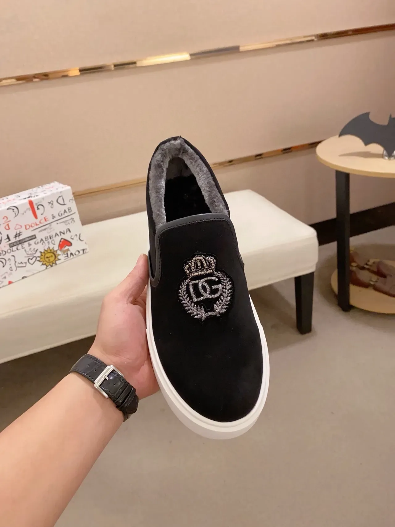 Dolce & Gabbana Portofino Black White Slip-On Suede Upper Lifestyle Sneakers 5