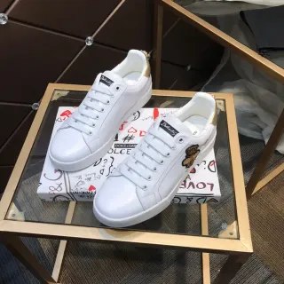 Dolce & Gabbana Portofino Sneakers Lifestyle Blanc Doré en Cuir Supérieur avec Étiquette de Talon