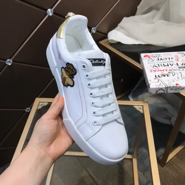Dolce & Gabbana Portofino সাদা সোনালি চামড়ার উপরের অংশ হিল ট্যাব লাইফস্টাইল স্নিকার্স 2