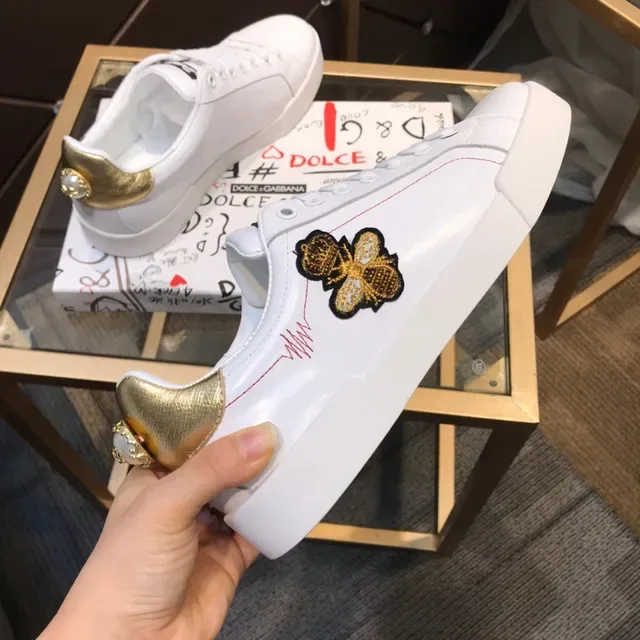 Dolce & Gabbana Portofino সাদা সোনালি চামড়ার উপরের অংশ হিল ট্যাব লাইফস্টাইল স্নিকার্স 4