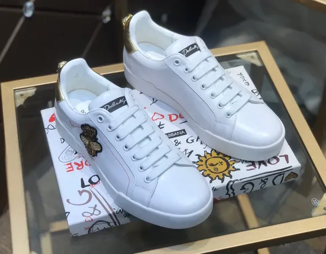 Dolce & Gabbana Portofino সাদা সোনালি চামড়ার উপরের অংশ হিল ট্যাব লাইফস্টাইল স্নিকার্স 7