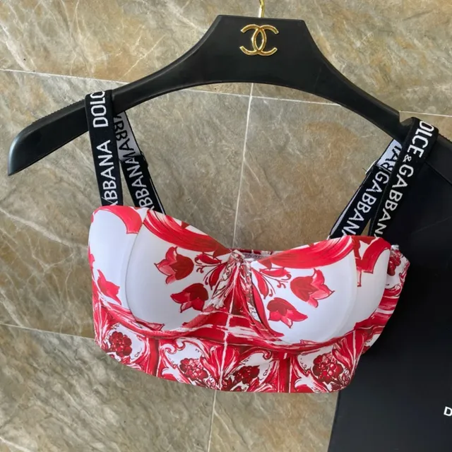 Dolce & Gabbana Top de banho sem tiras com estampado barroco vermelho e branco 7