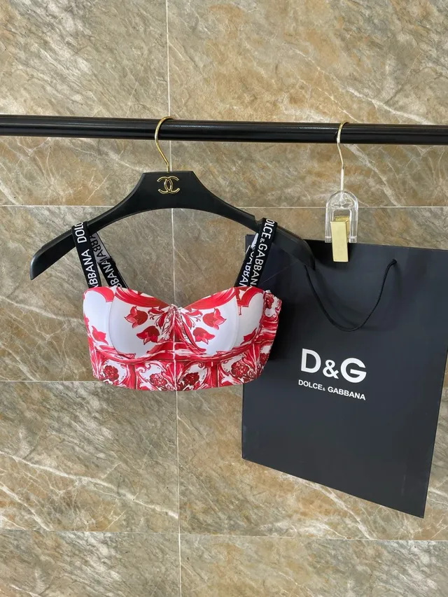 Dolce & Gabbana Top de banho sem tiras com estampado barroco vermelho e branco 8