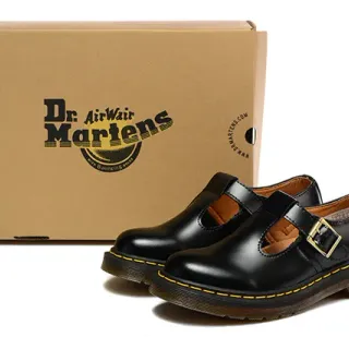 Dr. Martens काला भूरा चमकदार पेटेंट लेदर T-Bar पट्टी मैरी जेन जूते