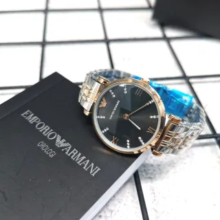 Emporio Armani Black Gold Two-Tone Metal Bracelet Crystal Hour Markers Quartz Watch